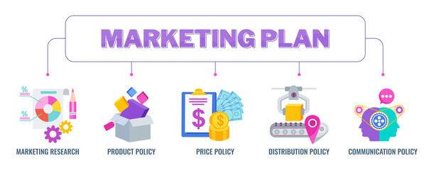 Marketing plan banner with icons. Flat vector illustration.