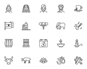 Naklejka premium Indian culture line icons set. Happy Diwali linear style symbols collection, outline signs pack. vector graphics. Set includes icons as Hindu man and woman in national clothes, diya lamp, taj mahal