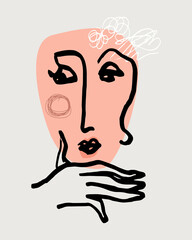 Abstract face line.Modern drawing in the art Nouveau cubism style.Portrait of a female face isolated on a white background.