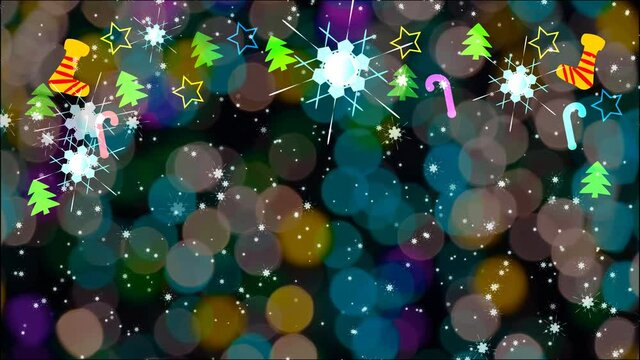 Christmas colorful theme has digital world rotate wth sock stars trees sweet stick hang on ceiling and dancing funny party and blur rainbow blink light background