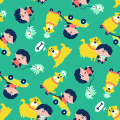vector seamless pattern with boys and dogs