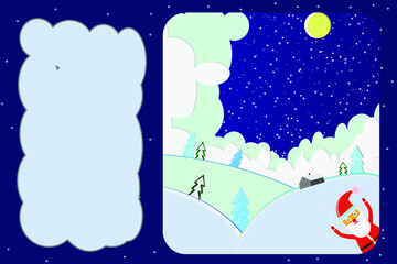New Year card with fir trees, house, santa claus, nature  and the night starry sky