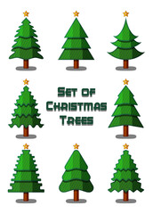 Set of Christmas Trees, Fir Trees with Stars, Winter Holiday Symbols Isolated on White. Vector
