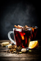 Mulled wine, hot warming drink with spices - 394593997