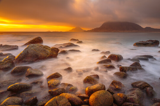 Sunset Over The Pacific Coast In Pan De Azucar National Park In Orthern Chile