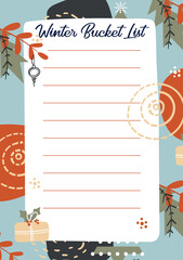 Winter Bucket List in abstract geometric background. Christmas wish list with foliage and gift box. Printable Holiday Template for planner or notebook.