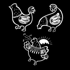 Fototapeta na wymiar vector set of hand drawn ornate black and white hens and rooster