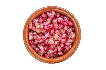 Pomegranate, punica granatum, in a bowl. White isolated.