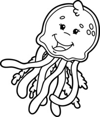Vector illustration of educational coloring page with cute cartoon jellyfish character for children, coloring and scrap book