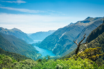 Doubtful Sound View Point looking down to the spectacular fjord from the top of the mountain on a slightly foggy morning in a very remote location in New Zealand, South Island.
