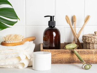 White bath background front view with cosmetics and accessories