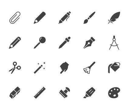 Drawing tools flat icons set. Pen, pencil, paintbrush, dropper, stamp, smudge, paint bucket minimal silhouette vector illustrations. Simple glyph signs for web interface