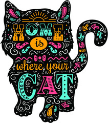 Vector illustration of cute cat silhouette with quote 