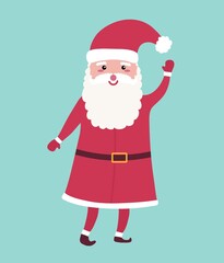 Cute Christmas Santa Claus with opened eyes, hat and red costume. Funny hand drawn person with mittens. Vector illustration