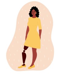 Black african woman with artificial leg stands smiling. Yellow dress. Cartoon vector illustration of disabled female with leg prosthesis. Inclusion concept