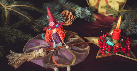 Obraz premium Magic witch doll, handmade magic toys, wish doll. Souvenir doll, pretty handmade, hobby time 