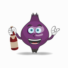 Purple Onion mascot character holding a bottle. vector illustration