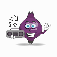 Purple Onion mascot character holding a radio. vector illustration