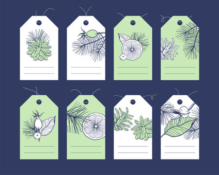 Christmas and New Year tags collection with hand drawn floral elements