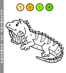 Vector illustration coloring by numbers game with cartoon iguana for kids