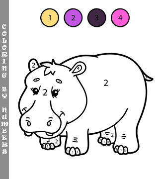 Vector illustration coloring by numbers game with cartoon hippo for kids