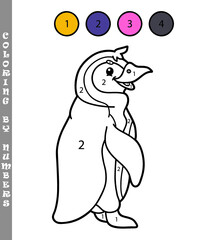 Vector illustration of coloring by numbers educational game with cartoon penguin for kids coloring book