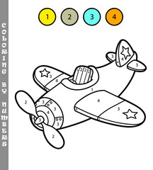 Vector illustration coloring by numbers game of cartoon plane for kids