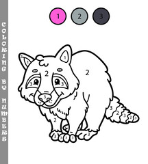 Vector illustration of coloring by numbers educational game with cartoon raccoon for kids coloring book