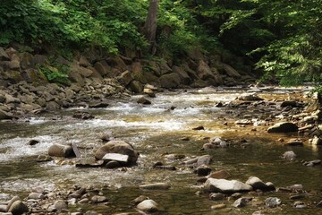 Summer in the Gorce, wet stones in a fast mountain river © Piotr