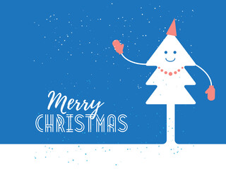 Fototapeta na wymiar Merry Christmas. Poster Design with dressy smiling Christmas tree silhouette. Holiday background. The tree is dressed in mittens, a cap and decorated with beads.