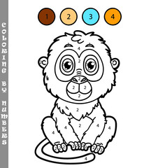 Vector illustration coloring by numbers game of happy cartoon monkey for kids
