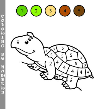 Vector illustration coloring by numbers game with cartoon turtle for kids
