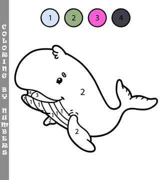 Vector illustration coloring by numbers game with cartoon  whale for kids