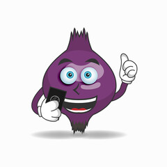 Purple Onion mascot character holding a cellphone. vector illustration