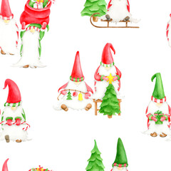 Watercolor seamless pattern with Christmas gnomes. Hand drawn cute winter elves celebrating New year with christmas tree, sleigh and gifts. Funny fairy characters isolated on white background