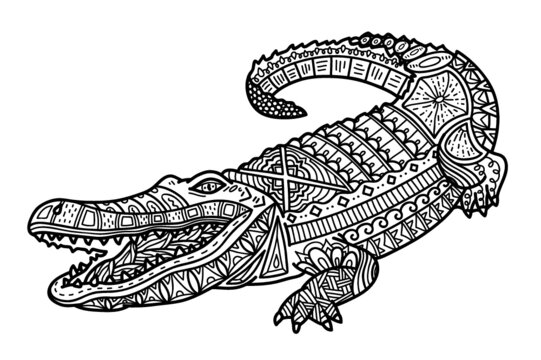 Vector illustration of cute ornate zentangle crocodile for children or for adult anti stress coloring book