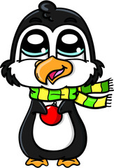 Cute penguin wearing a scarf and holding a Christmas toy