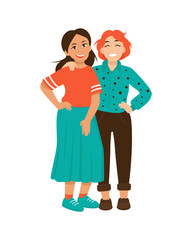 Two women laugh. Best friends in full growth on an isolated background.