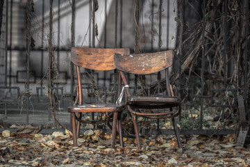 Two empty chairs. Old wooden furniture. Broken chairs. Discarded rags. Autumn wilting. Two items....