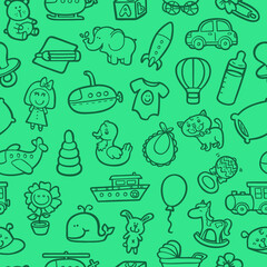 Vector seamless pattern with toys and other baby goods for baby shower, textile, scrapbook, background