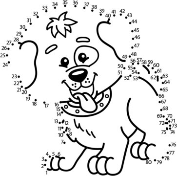 Vector illustration of dot to dot puzzle with happy cartoon dog for children