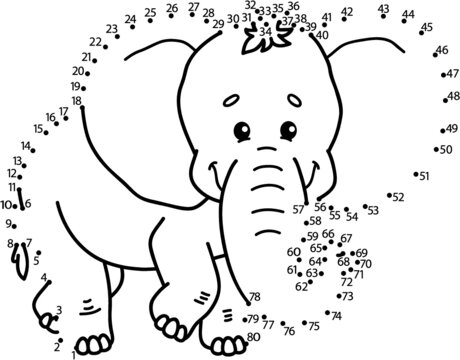 Vector illustration of dot to dot puzzle with happy cartoon elephant for children