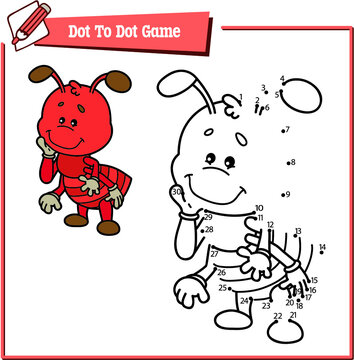 Vector illustration educational game of dot to dot puzzle with happy cartoon ant for children