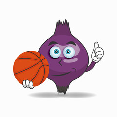The Purple Onion mascot character becomes a basketball player. vector illustration