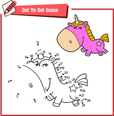 Vector illustration educational game of dot to dot kid puzzle with happy cartoon unicorn for children
