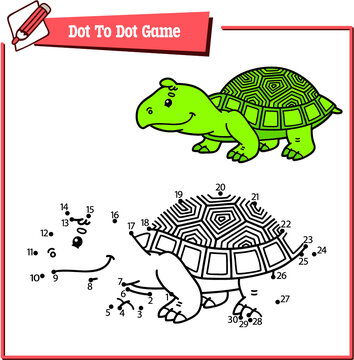  Vector illustration educational kids game of dot to dot puzzle with happy cartoon turtle for children
