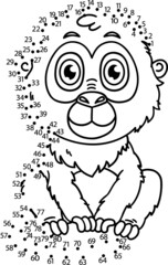 Vector illustration of dot to dot puzzle with happy cartoon monkey for children