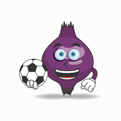 The Purple Onion mascot character becomes a soccer player. vector illustration