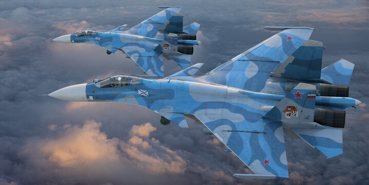 Su-33 in flight over the sea. A fighter and attack aircraft developed in the USSR, a development version of the Su-27 family, adapted for use on aircraft carriers.