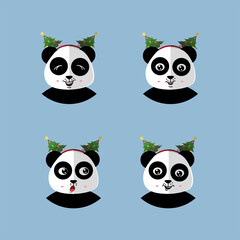 Set Christmas Cute Panda Icon Vector Flat Background
